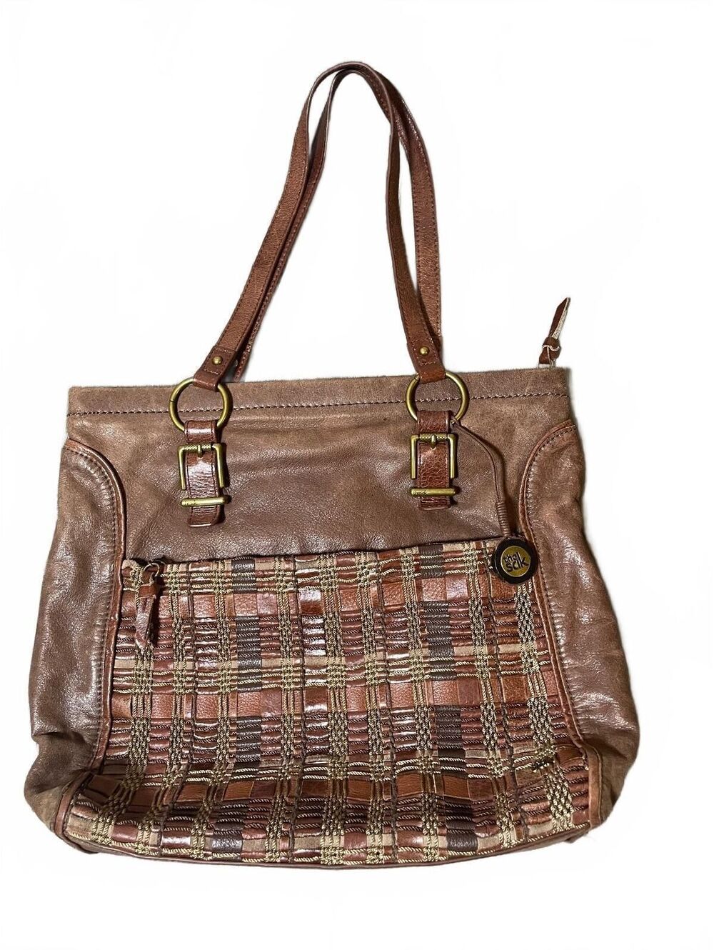 The Sak Medium Brown Woven Leather Shoulder Purse EUC